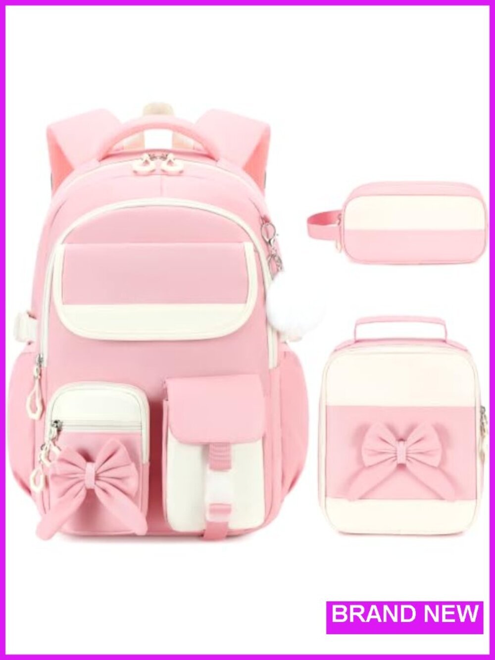 3-Piece Girls Backpack Set with Lunch Box & Pencil Case, Waterproof Bookbag for